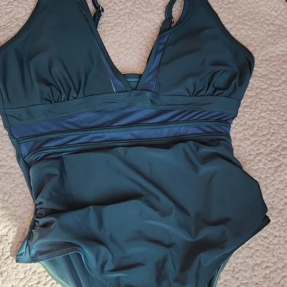 Women's Elegant Forest Green, Sheer Detail,Summer, Vacation, One-Piece Swimsuit - Picture 2 of 9